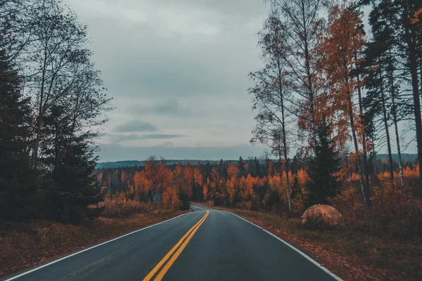 Fahrt Durch Eine Finnische Herbstlandschaft Einem Stimmungsvollen Abend Mit Einem — Stockfoto