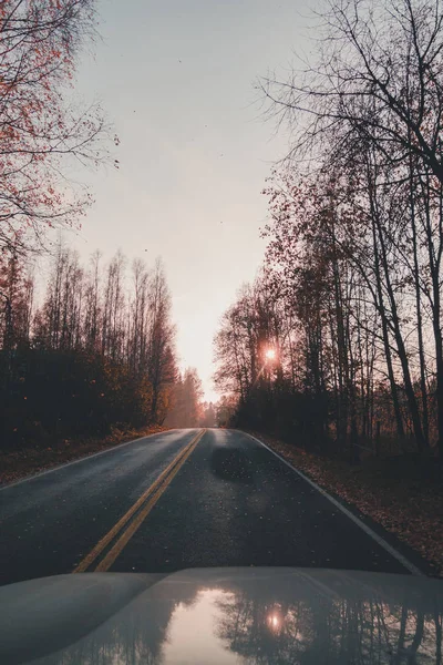 Driving through countryside on a narrow road with sun peaking from behind the trees, Finland at autumn