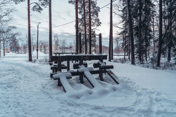 Пустой тренажерный зал в лесу, слегка покрытый снегом — стоковое фото