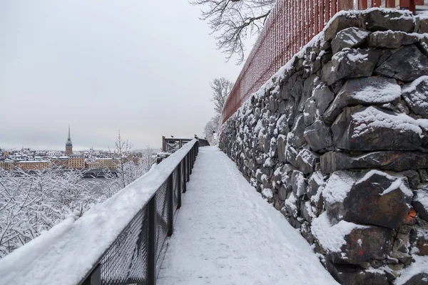 Sentier étroit avec clôture en bois pour les touristes pour voir la vue sur la ville sur la rivière, Stockholm — Photo
