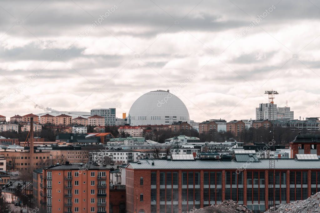 View of Stockholm with the round ice hockey arena in the distance, Sweden