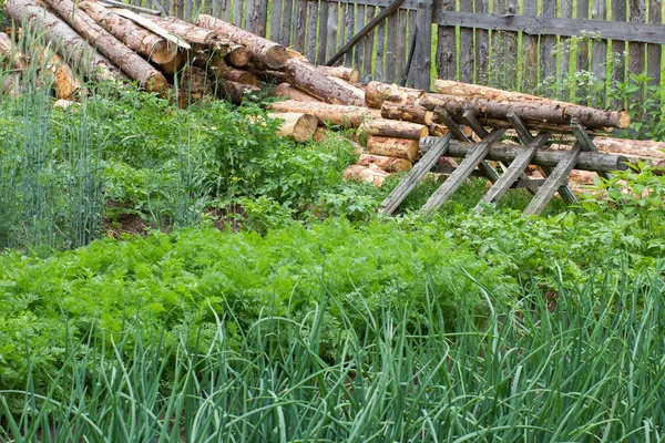 beds with vegetables in the background logs for firewood