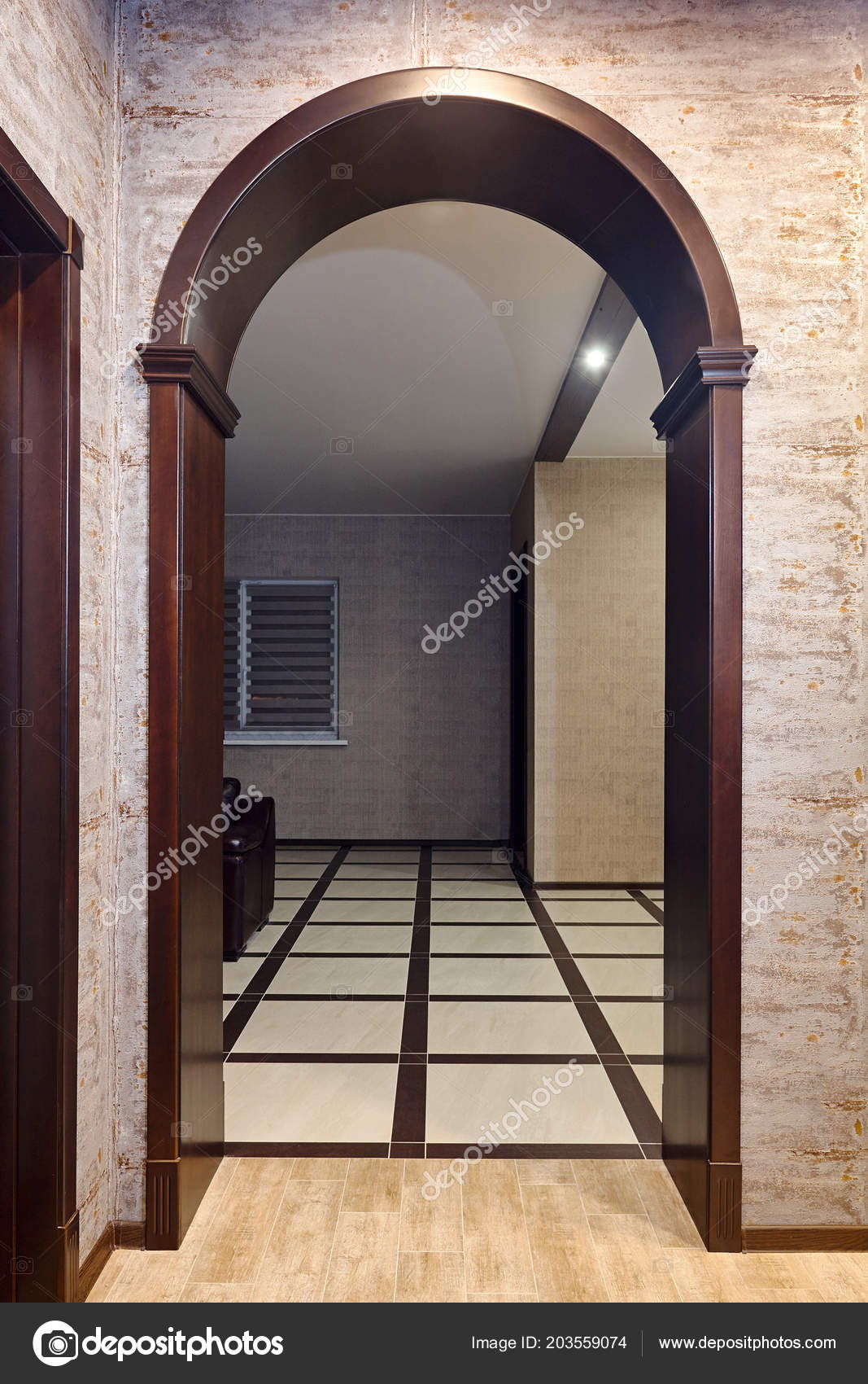 Passing Wooden Arch Living Room Decorated Brown Tones