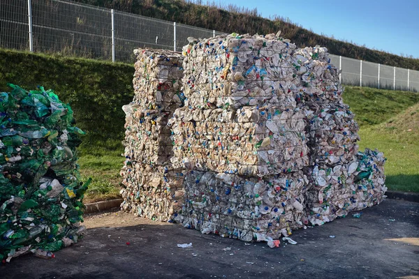 Modern waste sorting and recycling plant. Bales of dairy and drink bottles garbage in recycling plant yard prepared for shipment and reuse. Concept of recycling material and environmental protection.