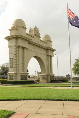 BALLARAT, VICTORIA, AUSTRALIA - March 12, 2016: Ballarat's Arch of Victory (1920), at the entrance to the Avenue of Honour, is a memorial to the returned service men and women of Ballarat and district clipart