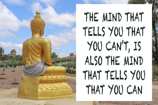 inspirational positive quote with gold buddha statue and blue cloudy sky