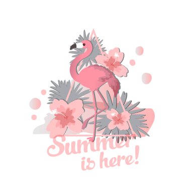 Flamingo tropikal kuşlar kümesi. Egzotik kuş illüstrasyonlar, Orman ağacı, trendy sanat gül. Yazdır veya kapak için