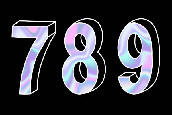 Modern numbers set, holographic gradient neon 3d hand drawn line perspective trend illustration on black background