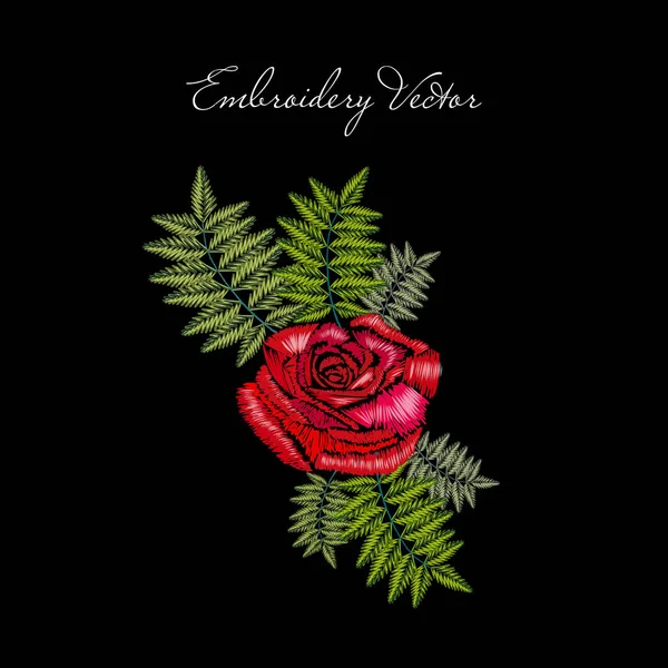Borduurwerk rode roos — Stockvector