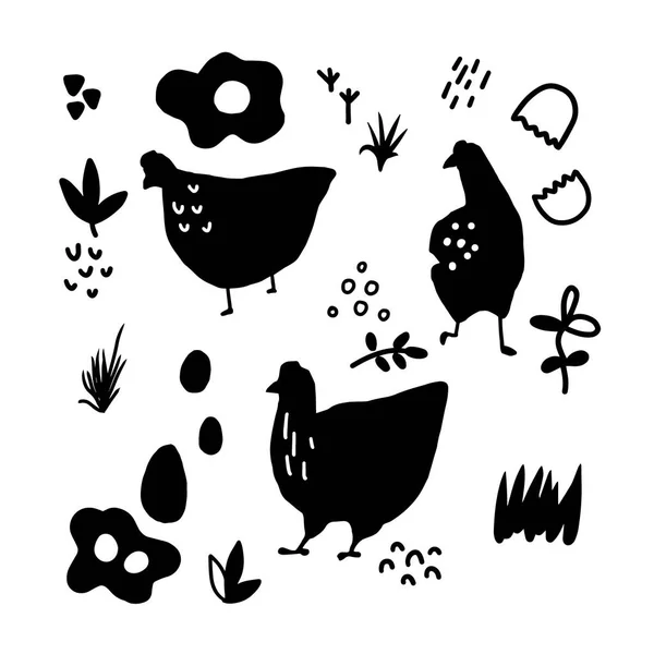 Ensemble de dessins animés poulet et oeuf éléments de vie à la ferme — Image vectorielle