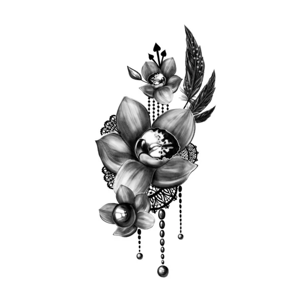 蕾丝和羽毛纹身的花卉图案 — 图库照片