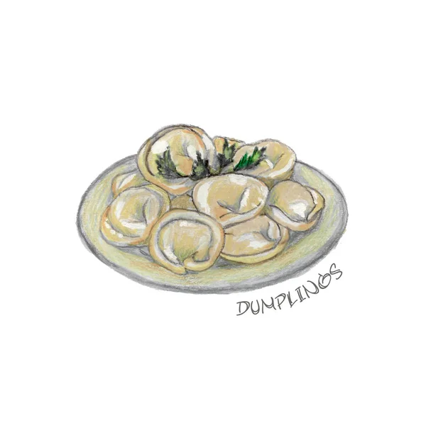Plato de pelmeni de boceto de comida dibujado a mano — Foto de Stock