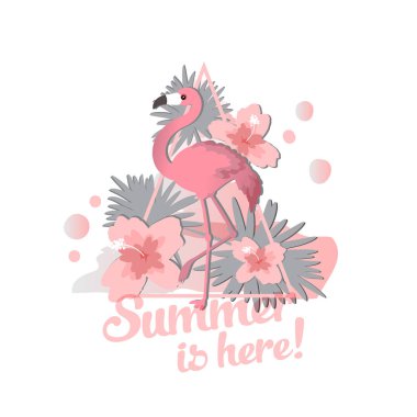 Flamingo tropikal kuşlar kümesi. Egzotik kuş illüstrasyonlar, Orman ağacı, trendy sanat gül. Yazdır veya kapak için