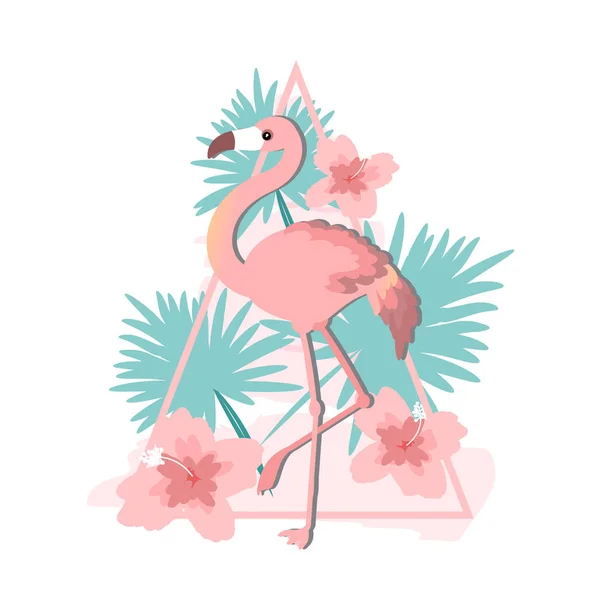 Tropical birds set of flamingo. Exotic rose bird illustrations, jungle tree, trendy art. For print or cover