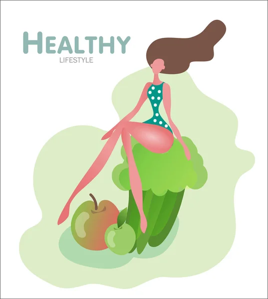Lapos Vékony Lány Zöldségekkel Egészséges Élelmiszer Banner Diéta Terv Karakter — Stock Vector