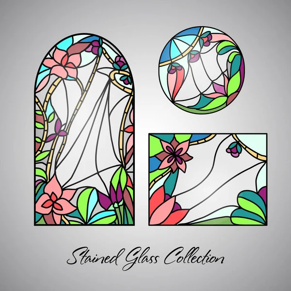 Bloemen Helder Glas Lood Decoratief Patroon Gekleurde Mozaïek Venster — Stockvector