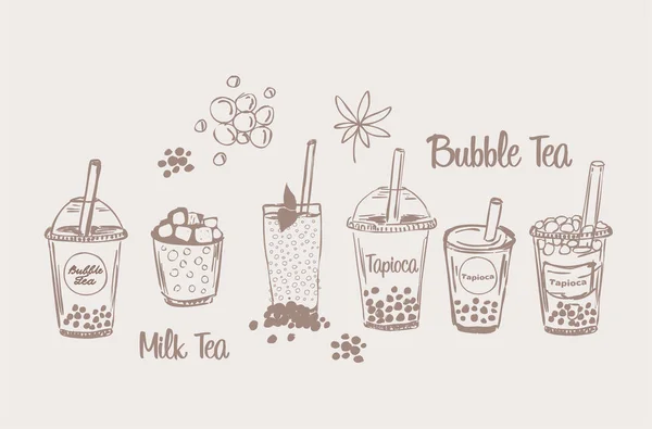 Sütlü çay içeceği. Boba Smoothie vektör illüstrasyon fincanı taslağı.