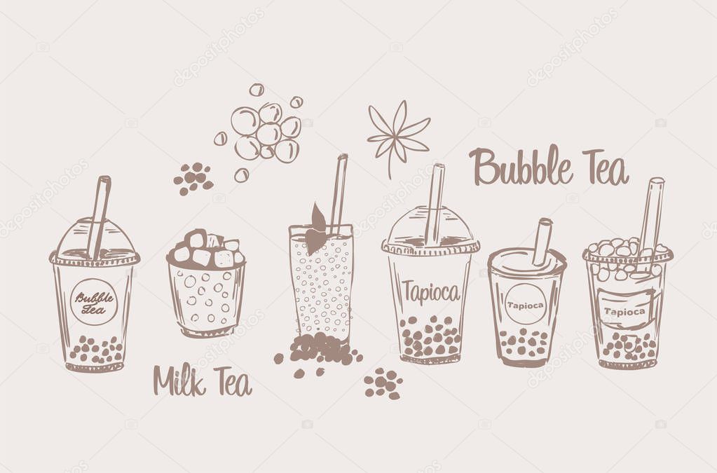 Tapio?a milk bubble tea drink set sketch boba smoothie vector illustration collection cup