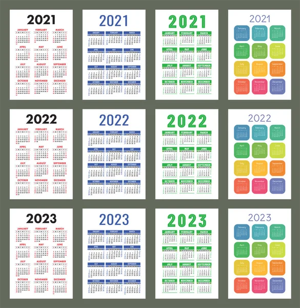 Ημερολόγιο 2021 2022 Και 2023 Αγγλικό Χρώμα Διάνυσμα Σύνολο Κάθετη — Διανυσματικό Αρχείο