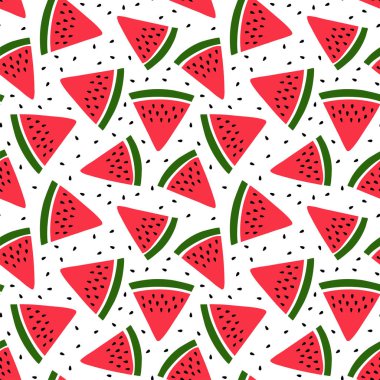 Karpuz dikişsiz desen. Elle çizilmiş taze meyve dilimi. Vektör robot resim geçmişi. Mutfak örtüsü, perde ya da bulaşık bezi için kırmızı ve yeşil iz. Moda tasarımı