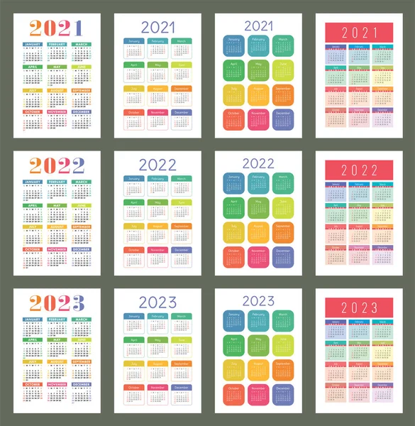 Kalendarz 2021 2022 2023 Angielski Zestaw Wektorów Kolorów Pionowa Ściana — Wektor stockowy