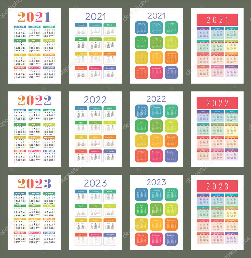 Sbcc Calendar 2022 23 ✓ Calendar 2021, 2022 And 2023. English Color Vector Set. Vertical Wall Or  Pocket Calender Template. Golorful Big Design Collection. New Year. Week  Starts On Sunday Premium Vector In Adobe Illustrator Ai ( .