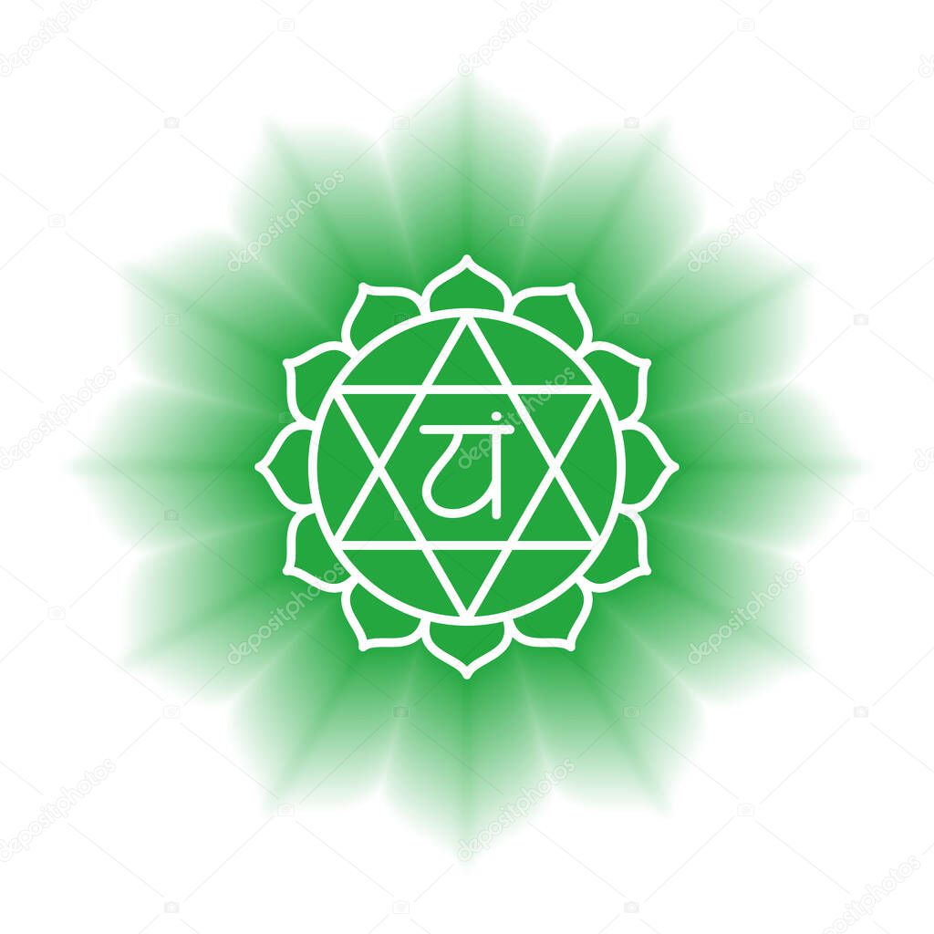 Anahata icon. The fourth heart chakra. Vector green gloss and shine. Line symbol. Sacral sign. Meditation