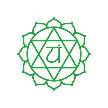Anahata simgesi. Dördüncü kalp çakrası. Vektör yeşil çizgi sembolü. Sakal işareti. Meditasyon