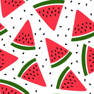 Karpuz dikişsiz desen. Elle çizilmiş taze meyve dilimi. Vektör robot resim geçmişi. Mutfak örtüsü, perde ya da bulaşık bezi için kırmızı ve yeşil iz. Moda tasarımı