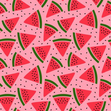 Karpuz dikişsiz desen. Elle çizilmiş taze meyve dilimi. Vektör robot resim geçmişi. Mutfak örtüsü, perde ya da bulaşık bezi için kırmızı ve yeşil iz. Moda tasarımı