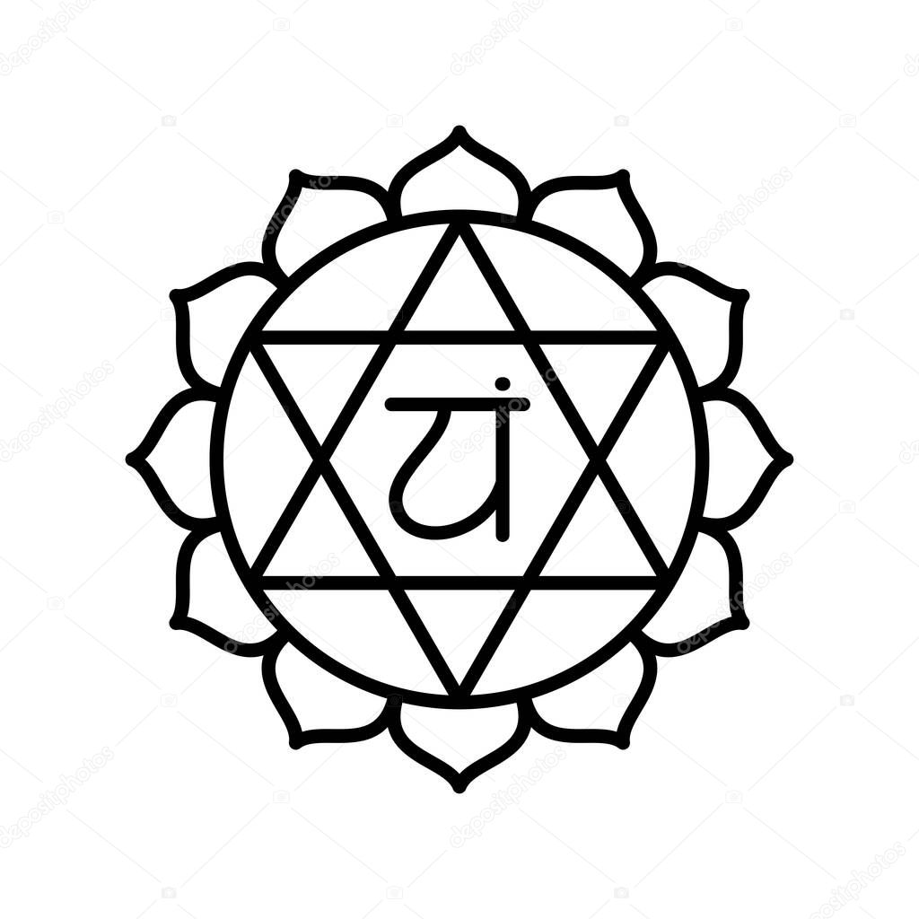 Anahata icon. The fourth heart chakra. Vector black line symbol. Sacral sign. Meditation