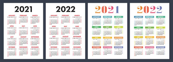 Calendario 2021 2022 Juego Vectores Color Inglés Plantilla Pared Vertical — Vector de stock