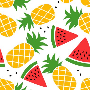 Ananas ve karpuz desenli. El çizimi vektör çizimi arka plan. Renkli duvar kâğıdı. Egzotik tropikal meyve. Moda tasarımı. Mutfak masa örtüsü için yiyecek baskısı