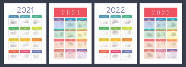 Calendário 2021 2022 Conjunto Vetor Cores Inglês Parede Vertical Modelo — Vetor de Stock