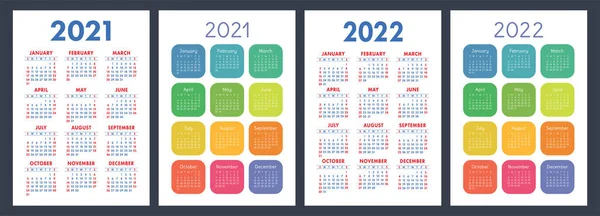 Calendario 2021 2022 Juego Vectores Color Inglés Plantilla Pared Vertical — Vector de stock