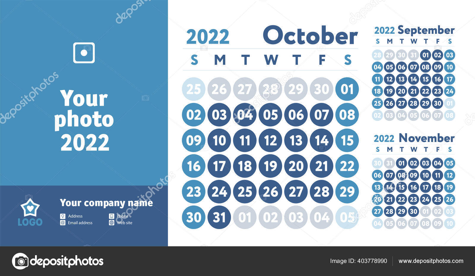 October 2022 Calendar Blue Color Planner Design English Calender Vector Vector Image By C Ra Khusnullina Gmail Com Vector Stock 403778990