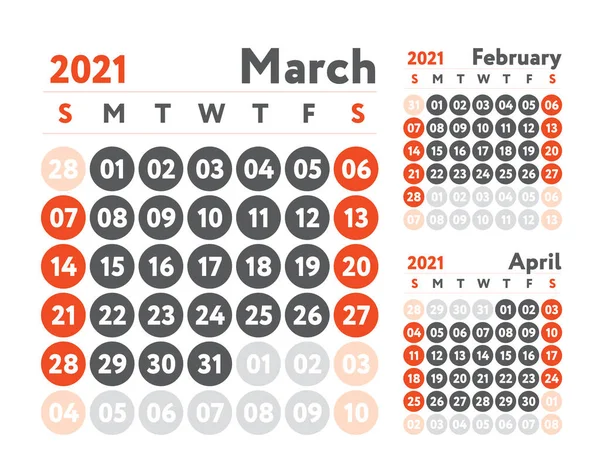 March 2021 Calendar Planner Design English Calender Red Color Vector Stock Vector