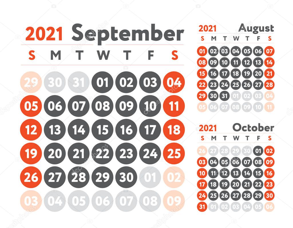 September 2021 calendar. Planner design. English calender. Red color vector template. Week starts on Sunday. Business planning. 