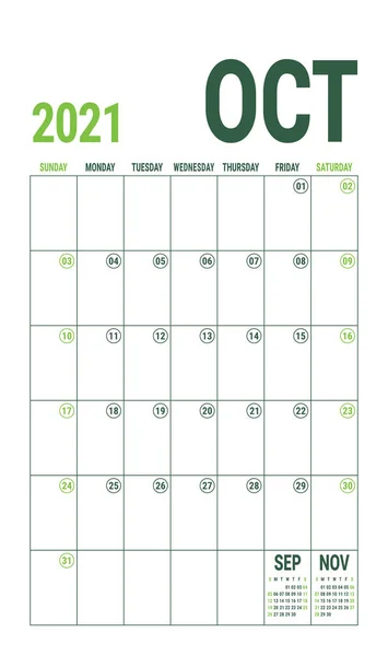 Жовтень 2021 Англійський Шаблон Календаря Векторна Сітка Бюро Планування Бізнесу — стоковий вектор