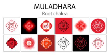 Muladhara simgesi seti. İlk kök çakra. Vektör kırmızı parlatıcı ve parlatıcı. Bir çizgi sembolü. Taslak kuyruk işareti koleksiyonu. Meditasyon
