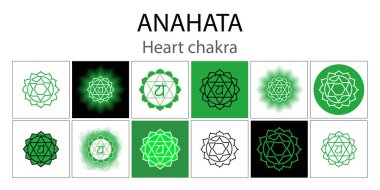 Anahata simgesi ayarlandı. Dördüncü kalp çakrası. Vektör yeşil parlatıcı ve parlatıcı. Bir çizgi sembolü. Taslak kuyruk işareti koleksiyonu. Meditasyon