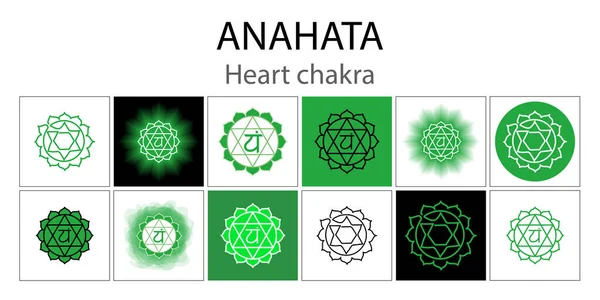 Conjunto Iconos Anahata Cuarto Chakra Del Corazón Vector Verde Brillo — Archivo Imágenes Vectoriales