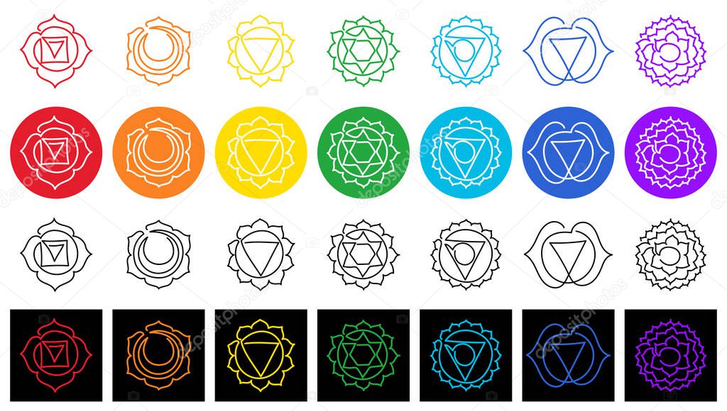 Chakras: muladhara, swadhisthana, manipura, anahata, vishuddha, ajna, sahasrara. Vector line symbol. Om sign. Sacral icon. Meditation