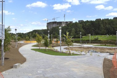 Rusya, Kudrovo, Vsevolozhsky bölgesi, Leningrad bölgesi - 14 Ağustos 2020: Leningrad bölgesinin Kudrovo Vsevolozhsky bölgesinde Okkervil Orman Parkı 'nın peyzajı