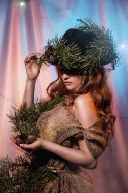 Çamın dalları ile güzel orman peri şapka. Üzerinde bir festival arka plan.