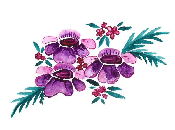 Акварельное Изображение Декоративного Букета Абстрактными Фиолетовыми Цветами Хороший Элемент Оформления — стоковое фото