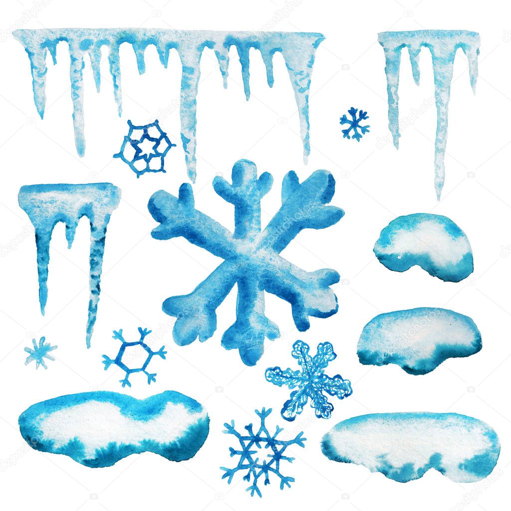 Set of watercolor objects for winter theme. Icicles, snowflakes and snow cap for design your text or images