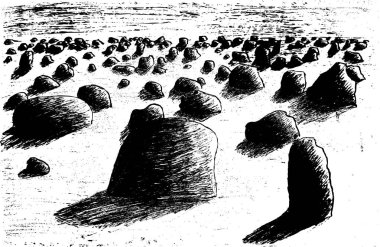 Çöl birçok taşları ile siyah beyaz görüntü tarihlerde mürekkep el olarak çizilen illüstrasyon