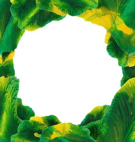 Sulu boya yeşil-sarı monotype olarak tropikal yaprak gibi beyaz arka plan üzerinde nokta ile soyut çerçeve
