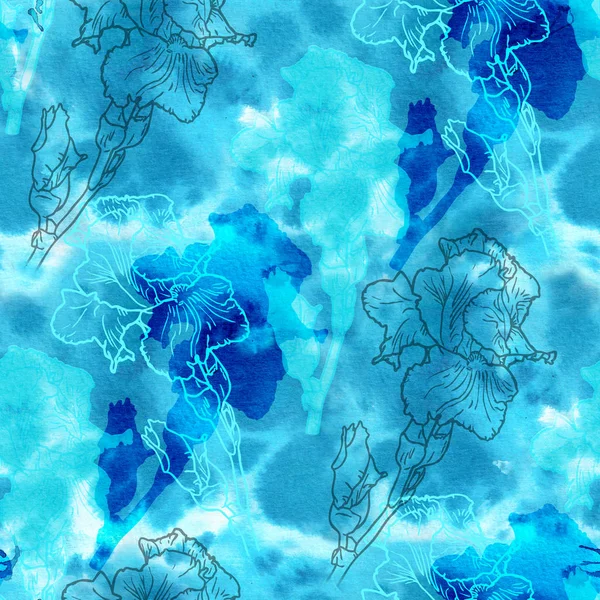 Padrão Sem Costura Abstrato Com Flores Íris Fundo Aquarela Azul — Fotografia de Stock